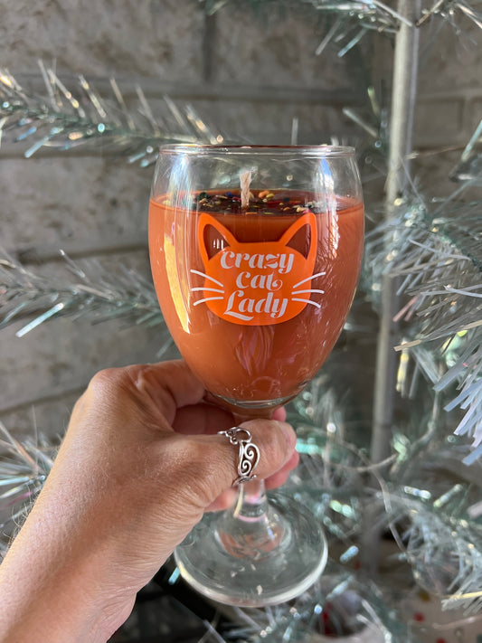 It’s the Great Pumpkin in Crazy Cat Lady Wine Glass