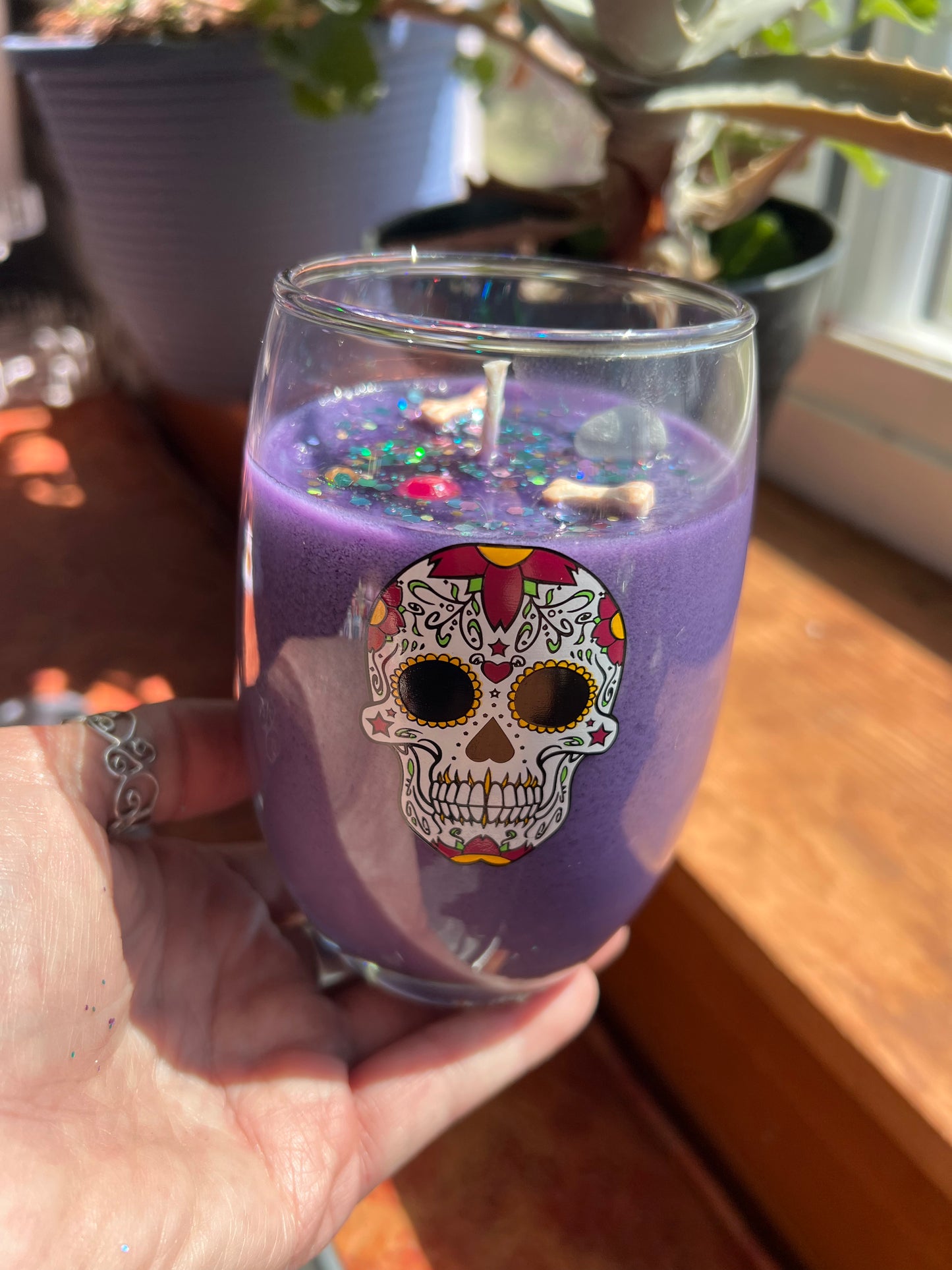 Midnight Blackberry in Sugar Skull Stemless Wine Glass